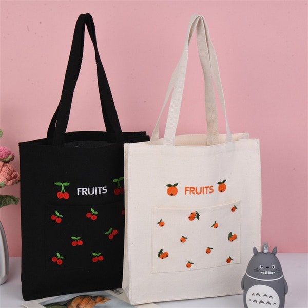 Loquat/Peach/Watermelon/Cherry Canvas Tote Bag, Shoulder Bag,Fruit Lunch Bag,Reusable Shopping Bag, Handmade Winter Bag, Back to School Gift