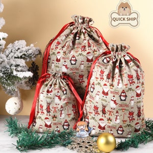 Penguin/Reindeer/Snowman/Santa Gift Bag, Premium Quality Cotton Gift Wrap, Reusable Drawstring Tote, Storage Bag, Wedding Bag Gift