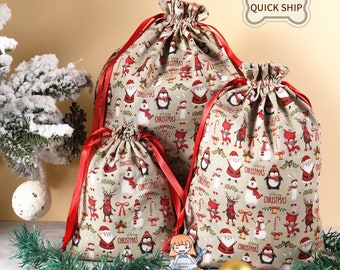 Penguin/Reindeer/Snowman/Santa Gift Bag, Premium Quality Cotton Gift Wrap, Reusable Drawstring Tote, Storage Bag, Wedding Bag Gift