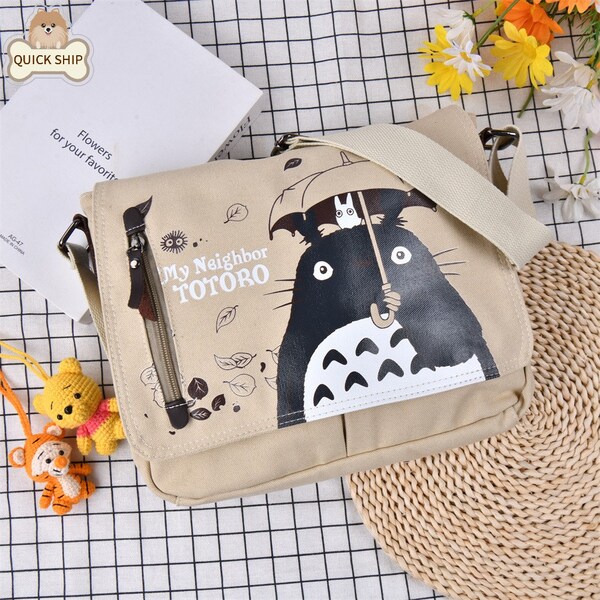 Totoro Canvas Satchel Bag, Japanese Shoulder Bag, Handmade School Bag, Reusable Shopping Bag, Gifts for Him, Winter Bags, Mother's Day Gift