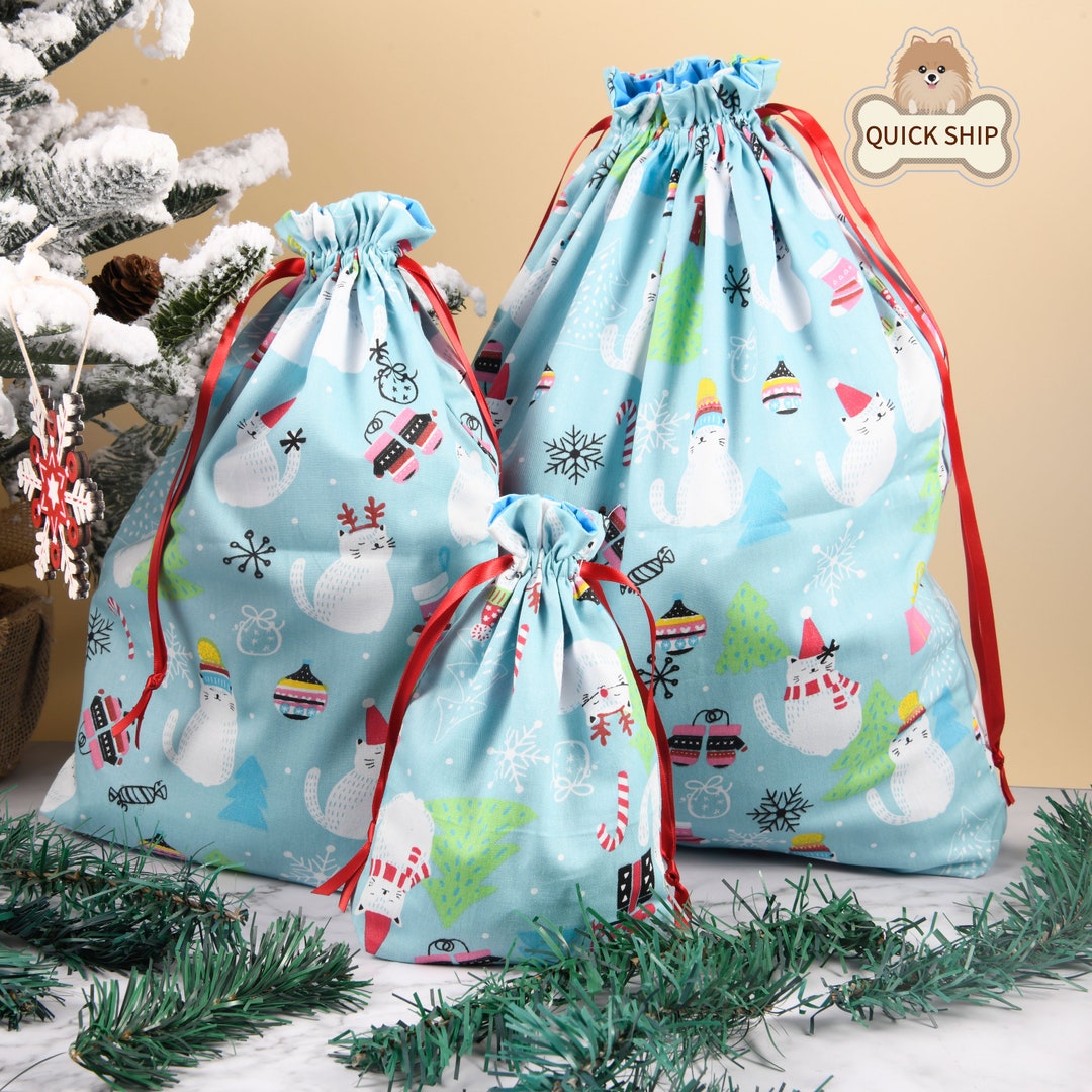 Cat Gift Bag Blue Bag Reusable Gift Tote Drawstring Gift Etsy