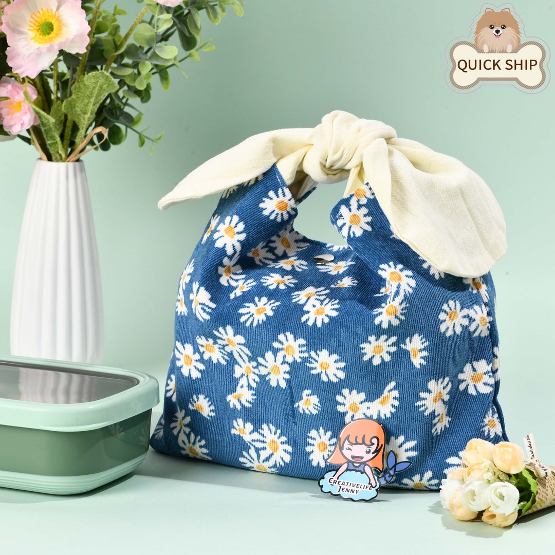 Daisy Embroidered Lunch Bag, Knot Lunch Tote, Reusable Lunch Box, Eco Bento Bag, Winter Outing ...
