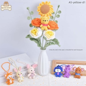 Winnie And His 7 Friends Theme Crochet Doll Bouquet For Home Deco, Handmade Knitted Flower Bouquets, A Bunch Of Flowers Mother's Day Gift