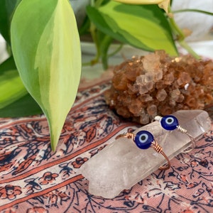 Dainty Evil Eye Nazar Bead Ring, Sterling Silver, Silver Plated or Copper Wire Wrapped
