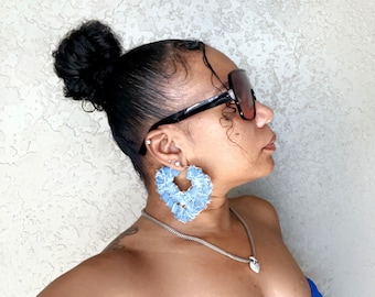 Double Heart or Single Heart denim Bamboo Earrings