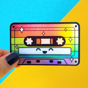 LGBTQ Holographic Cassette Sticker, Pride retro laptop decal, Queer pride music sticker, Holographic die cut sticker, Rainbow sticker image 1