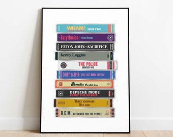 Personalised Cassette case stack print, Retro music poster, Custom favourite song print, Cassette pile Wall art, Mixtape print