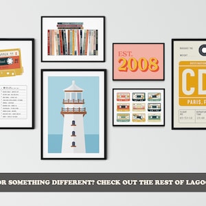 May include: A set of six framed prints with a retro aesthetic. The prints feature a cassette tape, a lighthouse, a stack of books, a collection of cassette tapes, the text "EST. 2008", and a luggage tag with the text "CDG PARIS, FRANCE".