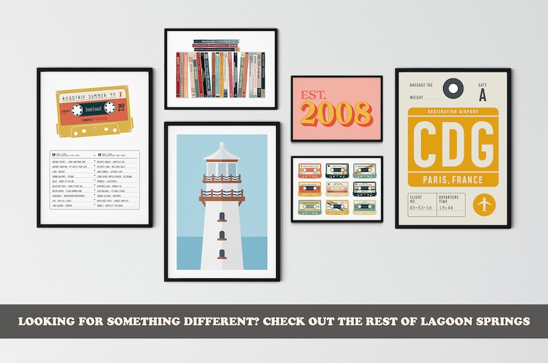 May include: A set of six framed prints with a retro aesthetic. The prints feature a cassette tape, a lighthouse, a stack of books, a collection of cassette tapes, the text "EST. 2008", and a luggage tag with the text "CDG PARIS, FRANCE".