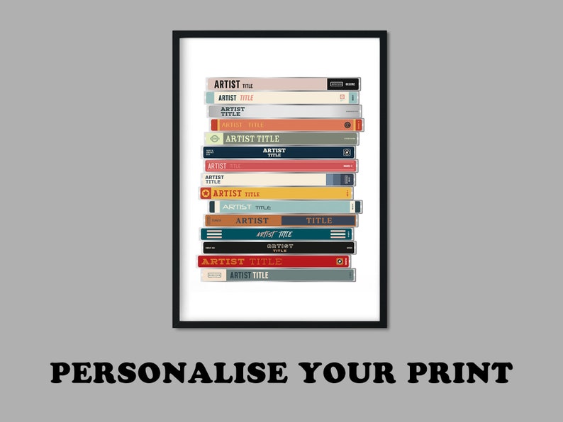 May include: A black and white print of a stack of cassette tapes with various artist and title names. The cassette tapes are in different colors, including red, yellow, blue, and green.