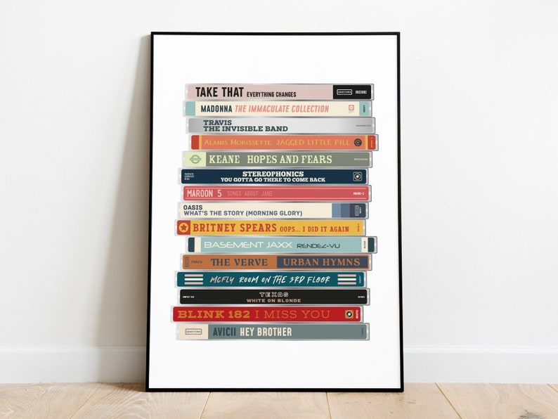 May include: A stack of cassette tapes featuring various artists and album titles, including Take That, Madonna, Travis, Alanis Morissette, Keane, Stereophonics, Maroon 5, Oasis, Britney Spears, Basement Jaxx, The Verve, McFly, Blink 182, and Avicii.
