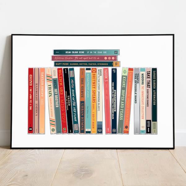 Personalised CD Stack Print, Retro music poster, custom favourite song print, CD Wall Print, Music Poster, Landscape large poster