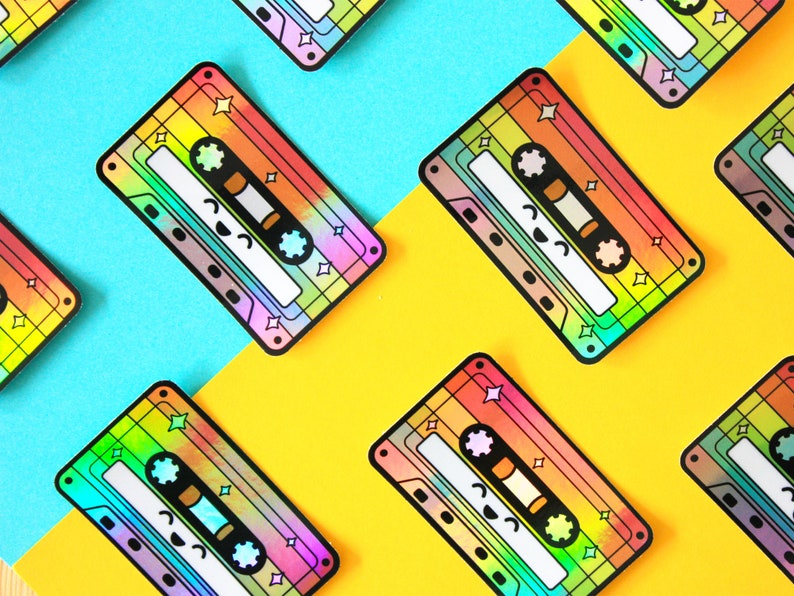 LGBTQ Holographic Cassette Sticker, Pride retro laptop decal, Queer pride music sticker, Holographic die cut sticker, Rainbow sticker image 4