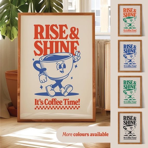 Retro Coffee Art Print, Kitchen Wall Art, Rubber Hose Style Mascot Poster, Fun Unique Cartoon, Coffee Station Poster, Coffee Lover Gift