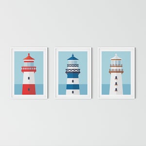 Conjunto de 3 grabados de faros, arte minimalista de la pared náutica, cartel junto al mar, decoración de la playa, arte de la pared costera, impresión de vivero náutico
