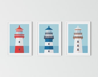 Set of 3 Lighthouse prints, Minimal Nautical Wall Art, Seaside Poster, Beach Decor, Coastal Wall art, Nautical Nursery print