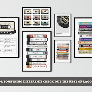 May include: A wall gallery featuring nine framed prints of vintage cassette tapes, VHS tapes, and vinyl records. The prints are in black frames and feature a variety of colors and designs.