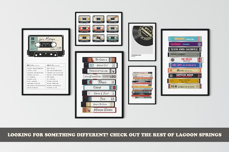 May include: A wall gallery featuring nine framed prints of vintage cassette tapes, VHS tapes, and vinyl records. The prints are in black frames and feature a variety of colors and designs.