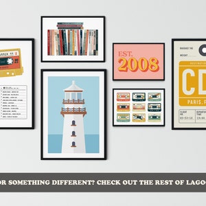 May include: A set of six framed prints with a retro aesthetic. The prints feature a cassette tape, a lighthouse, a stack of books, a collection of cassette tapes, the text "EST. 2008", and a luggage tag with the text "CDG PARIS, FRANCE".