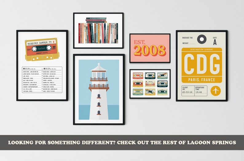 May include: A set of six framed prints with a retro aesthetic. The prints feature a cassette tape, a lighthouse, a stack of books, a collection of cassette tapes, the text "EST. 2008", and a luggage tag with the text "CDG PARIS, FRANCE".