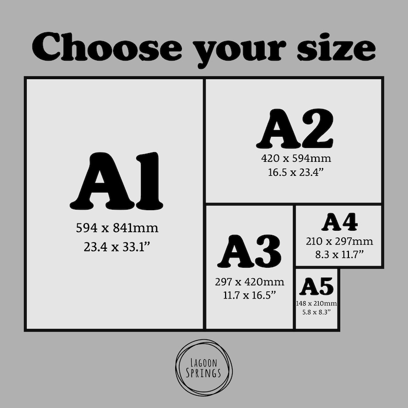May include: A chart showing different paper sizes, labeled A1, A2, A3, A4, and A5. Each size is listed with its dimensions in millimeters and inches.