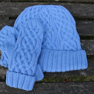 May include: A blue knitted hat and matching mittens with a cable knit pattern.