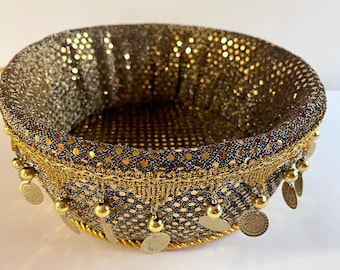 Small decorated handmade gold coin basket, Ramadan decor basket, favors, wedding basket, henna basket,engagement, centerpiece, bridal shower