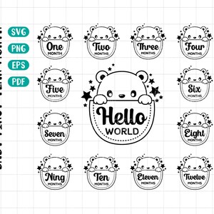 Baby monatlich SVG, Meilenstein-Set für das erste Jahr, Baby 12 Monate Silhouette, Hallo Welt SVG, Baby-Bär, erster Geburtstag, sofort-Download