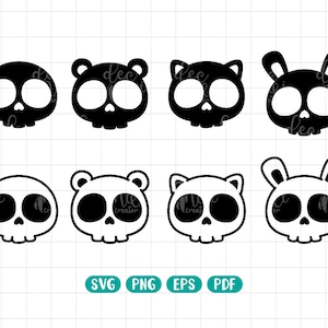 Cráneo de animal, Cráneo kawaii, Cráneo emo, Cráneo de gato, Cráneo de conejo, Cráneo de oso, Cráneo, Halloween SVG, PNG, EPS, archivo PDF, descarga instantánea
