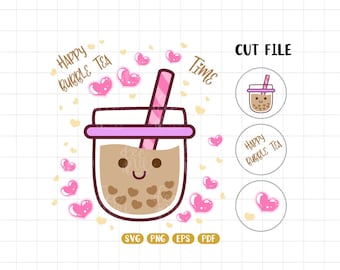 Happy Bubble Tea Time, Bubble tea SVG File, Cute Boba Tea, Milk Tea Clipart eps png pdf Instant download