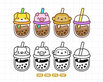 Animal Bubble Tea, Bubble tea SVG cut file, Cute Boba Tea, Milk Tea Clipart, eps, png, pdf, Instant download.