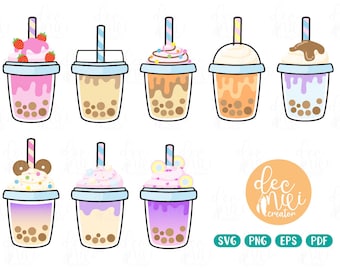 Cute Bubble Tea Clipart, Boba Tea SVG, Milk Tea Designs (Digital Download)