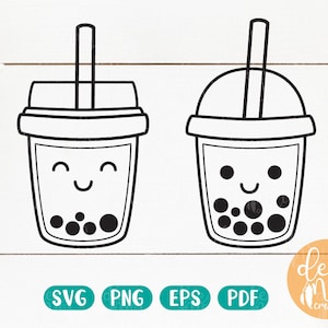 May include: Two black and white line drawings of bubble tea cups with smiling faces and boba pearls. The cups have lids and straws.