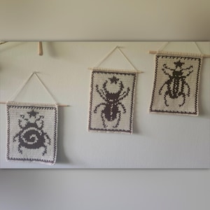 Op de afbeelding: Drie handgemaakte gehaakte wandkleden met insectenontwerpen. Elke crèmekleurige vierkante banner heeft een donkerbruin insectsilhouet en een rand. De banners zijn opgehangen aan houten deuvels met crèmekleurig touw.