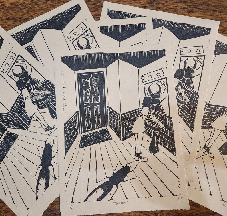 Bug Girl Linoleum Cut Print Etsy