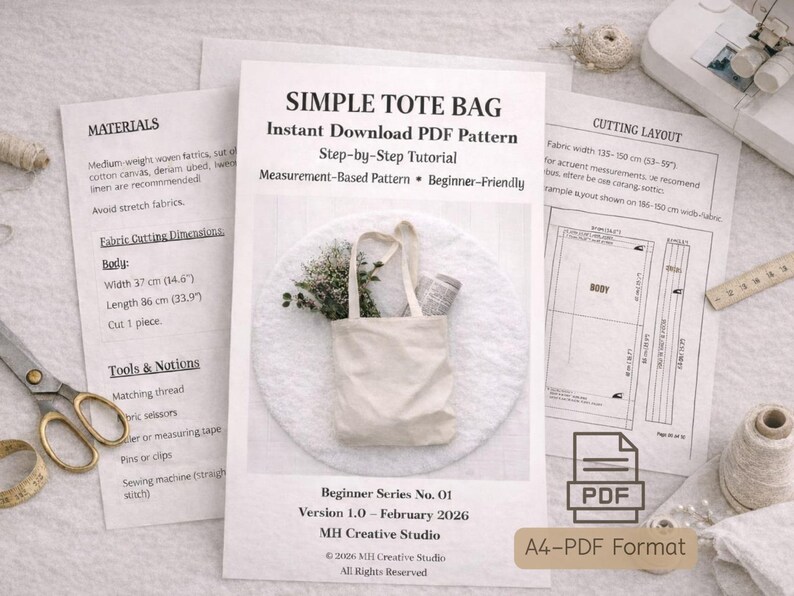 Simple Tote Bag PDF Pattern for Beginners, Instant Download Sewing ...