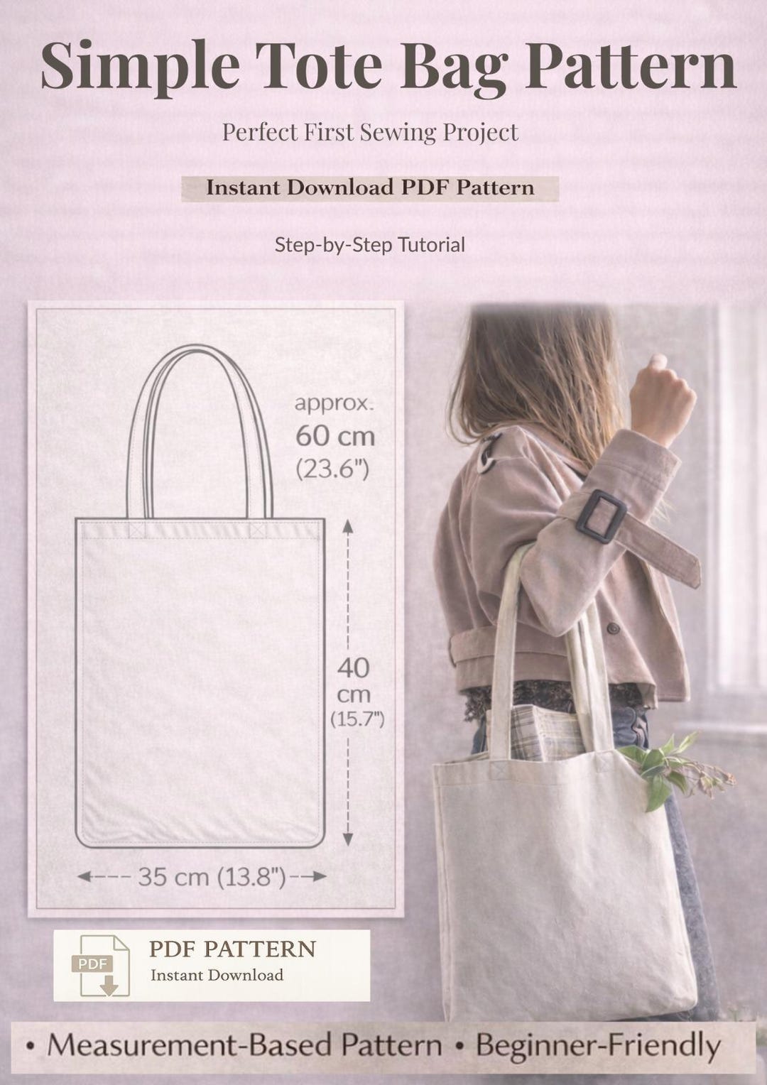 Simple Tote Bag PDF Pattern for Beginners, Instant Download Sewing ...