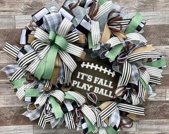 Fall Football Play Ball Front Door Wreath, Fall Football Deco Mesh Ribbon Wreath, Football Mom Team Decor, Fall Football Fan Door Decor