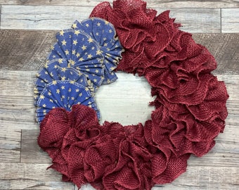 Americana Patriotic Red & Blue Burlap Wreath for Front Door, American Flag Burlap Wreath, USA Everyday Year Round Door Hanger, Rustic Wreath