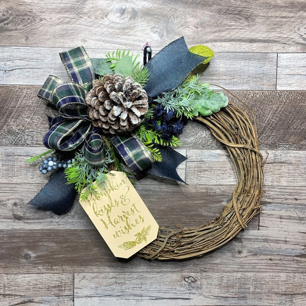 Blue Fall Wreath for Front Door, Small Grapevine Wreath with Blue Plaid Ribbon and Pinecone, Autumn Kisses Harvest Floral Door Decor Wreath