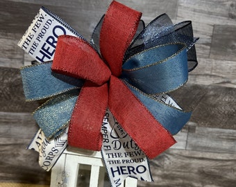 Military USMC Marine Corps Bow, Patriotic Red White and Blue Bow Decor for Lantern, Crucible Candle, Basket, Mailbox, USA America Bow Decor