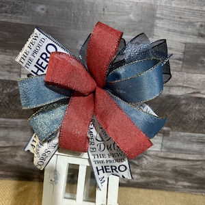 Military USMC Marine Corps Bow, Patriotic Red White and Blue Bow Decor for Lantern, Crucible Candle, Basket, Mailbox, USA America Bow Decor