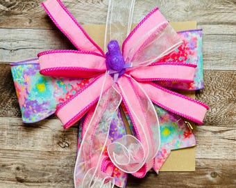 Large 15” Pink & Floral Spring Bow with Purple Bunny Center, Handmade Easter Decor, Wreath Bow, Spring Home Accent, For Basket, Flowers