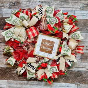 Farmhouse Christmas Wreath, Red, Tan & Gold Deco Mesh Merry Christmas Wreath for Front Door, Rustic Holiday Door Decor, Ornament Wreath