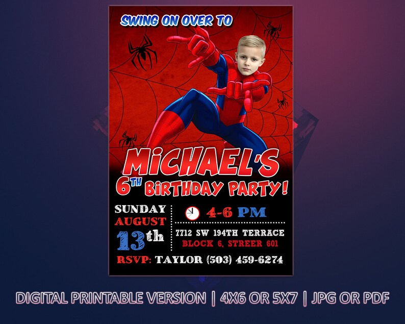 Spiderman Birthday invitation 4X6 or 5X7 Digital birthday invitation for kids Printable version