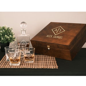 Custom Whiskey decanter Set, Christmas gift, Corporate gift, Personalized Whisky Glass Set with Whiskey Stones and Wood Box image 1