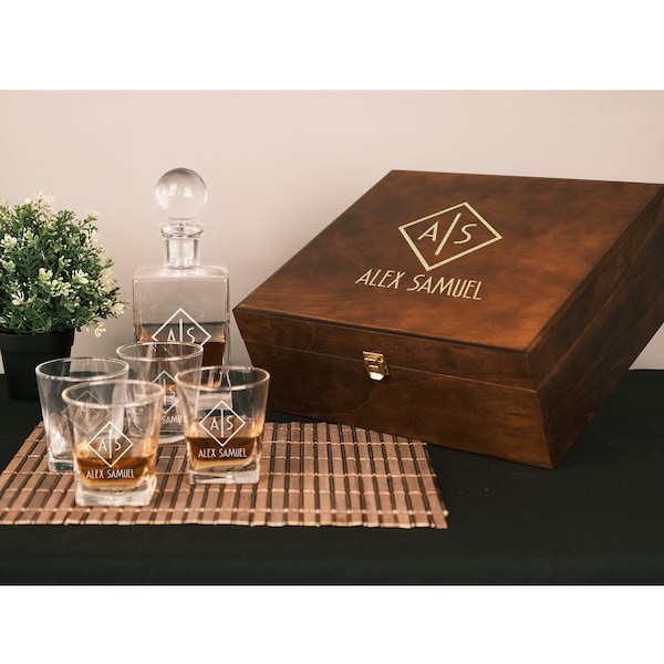 Set di bicchieri e decanter da whisky personalizzati, regalo di Natale, regalo di pensionamento, set di bicchieri da whisky personalizzati con pietre di whisky e scatola di legno