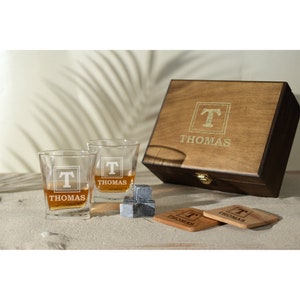 Custom Whiskey decanter Set, Christmas gift, Corporate gift, Personalized Whisky Glass Set with Whiskey Stones and Wood Box image 8