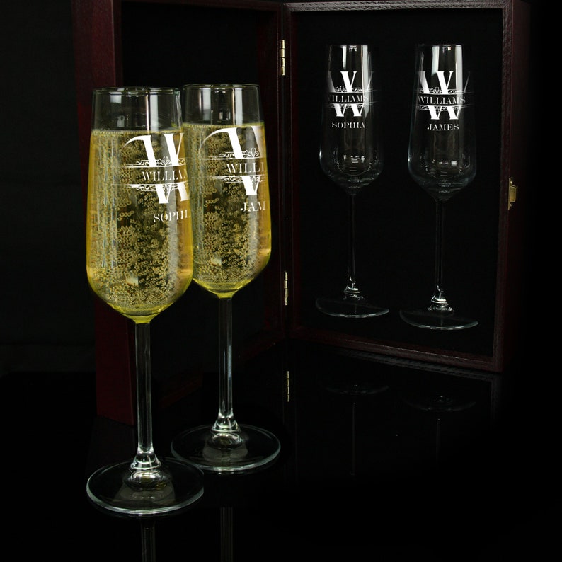 Champagne flutes Set with Wood Box Champagne glasses Wedding Etsy