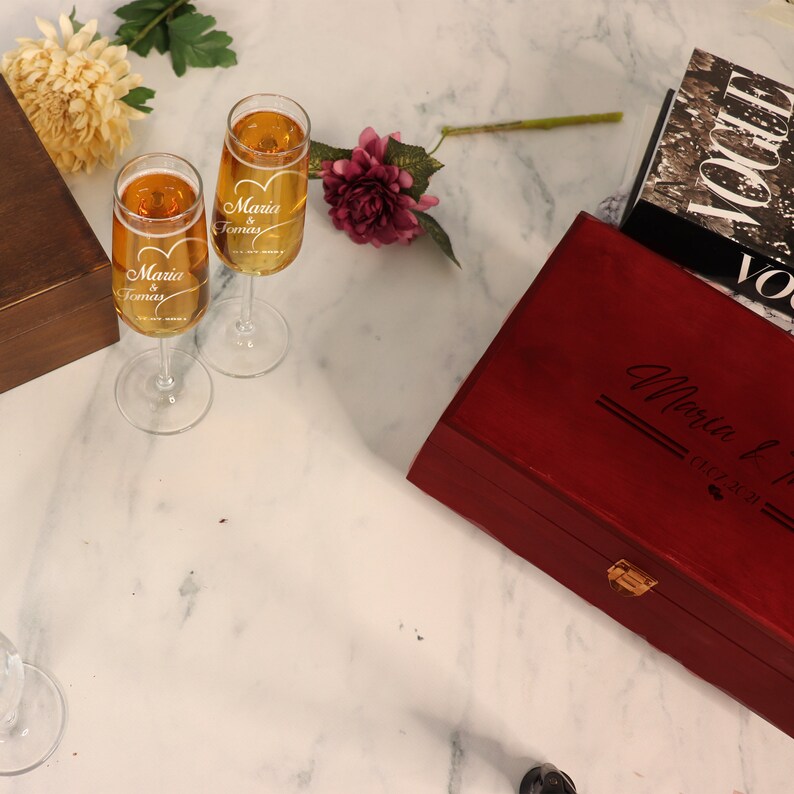 Personalized Champagne Flutes Set With Wood Box Wedding Gift Etsy